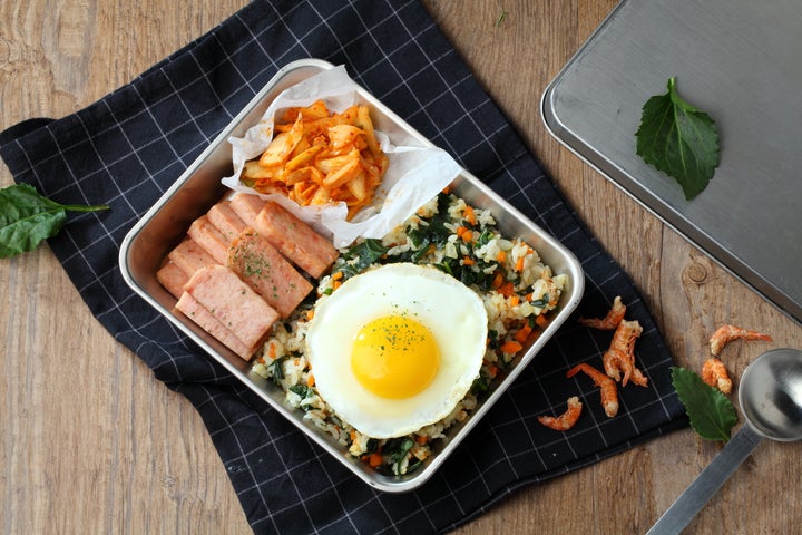 A traditional Korean lunch box of kimchi, Spam and fried rice, which Viv Lee ate for breakfast as a child.