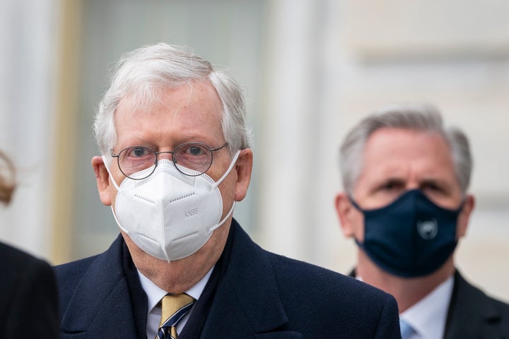 Senate Minority Leader Mitch McConnell (R-Ky.) and House Minority Leader Kevin McCarthy (R-Calif.) at the U.S. Capitol in February. They had their first sit-down meeting with President Joe Biden at the White House on Wednesday. 