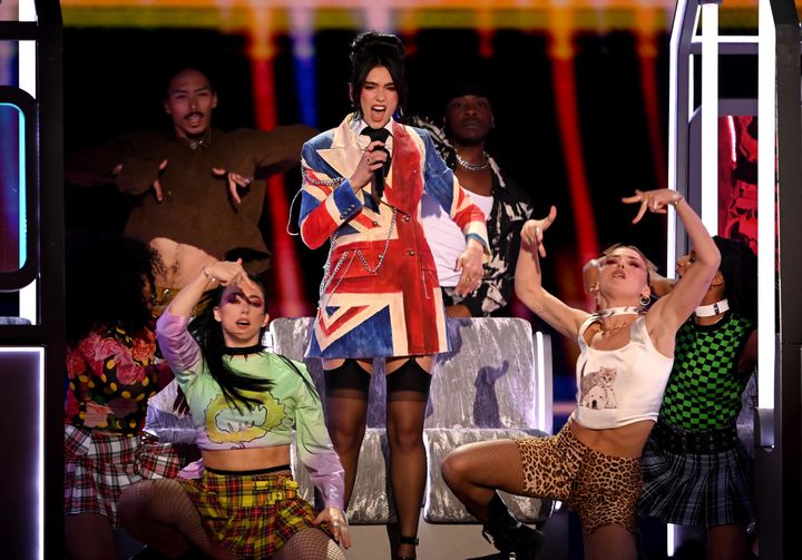 Dua Lipa performs on stage during The Brit Awards 2021 