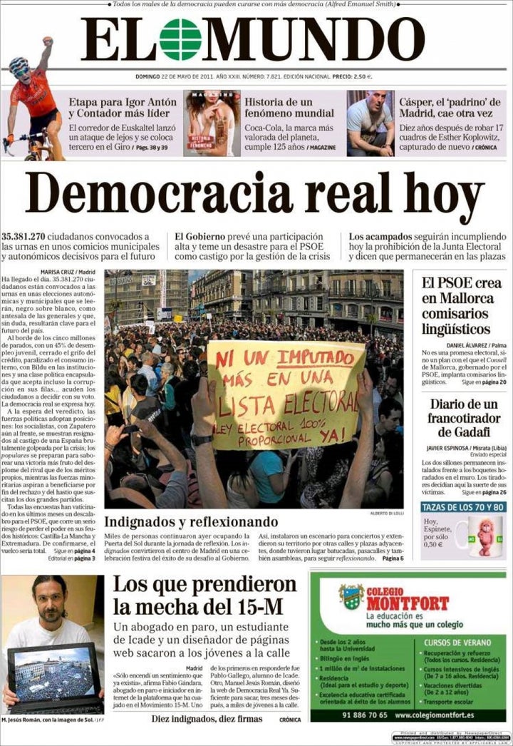 Portada de 'El Mundo' sobre el 15-M, del 22 de mayo de 2011