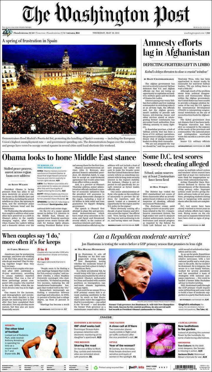 Portada del diario estadounidense con la imagen de la protesta en Madrid