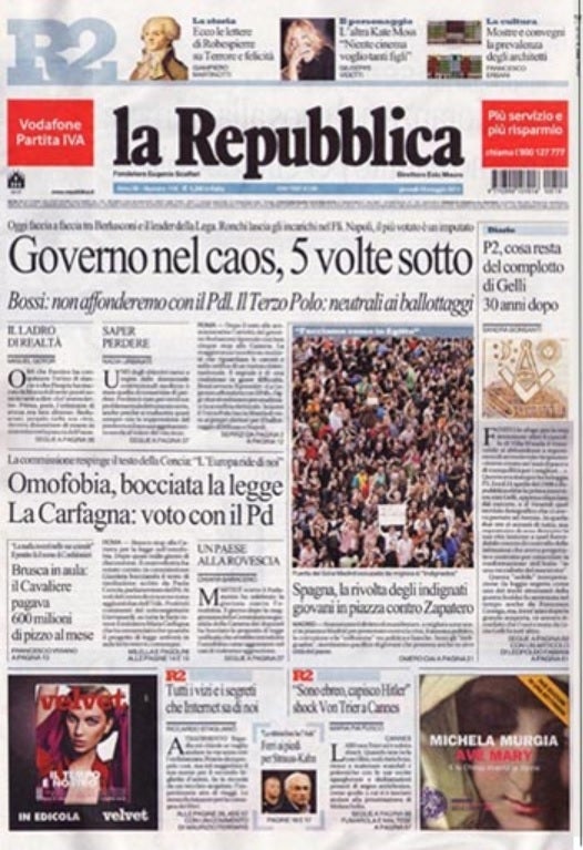 Portada del periódico italiano 'la Repubblica' sobre el 15-M