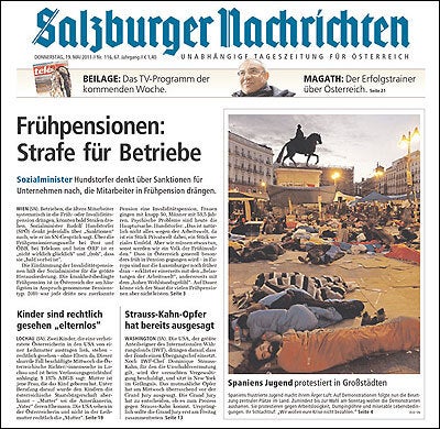 Portada del periódico austríaco 'Salzburger Nachrichten' que recogía la acampada de la Puerta del Sol