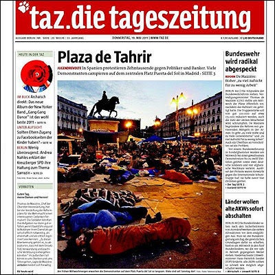 Portada del periódico alemán 'Taz', que comparaba la acampada de Sol con la toma de la plaza Tahrir en Egipto