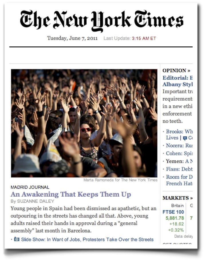 Versión digital del periódico estadounidense del 7 de junio de 2020 que recogía una de las protestas del 15-M