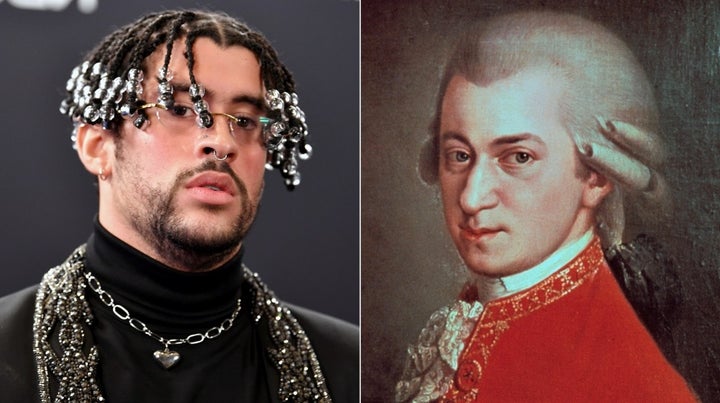 El cantante Bad Bunny y el maestro del Clasicismo Wolfgang Amadeus Mozart.