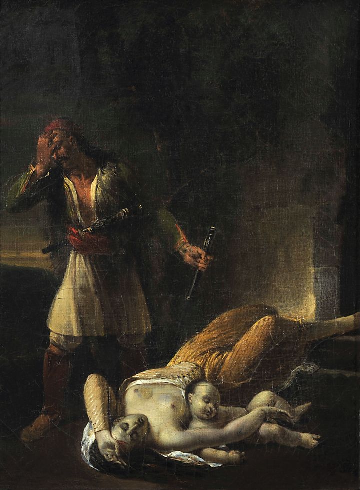 Έλληνας Αγωνιστής θρηνεί τη νεκρή γυναίκα και το παιδί του, Αγνώστου, Γαλλικής σχολής, γύρω στο 1830, Λάδι σε μουσαμά, 33 X 25 εκ., Συλλογή Μιχάλη και Δήμητρας Βαρκαράκη