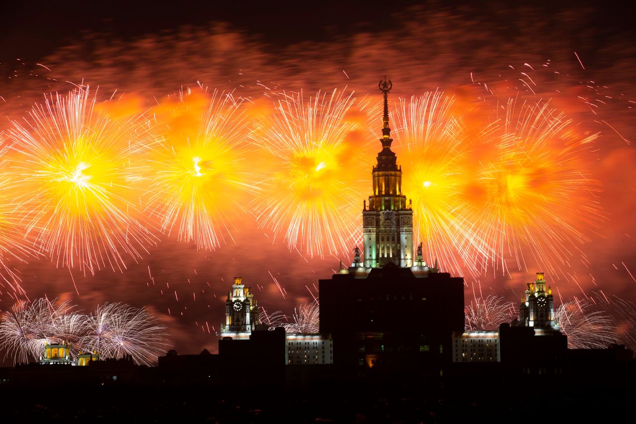 Fireworks explode over the Moscow's University during the celebration of the Victory Day in Moscow, Russia, Sunday, May 9, 2021, marking the 76th anniversary of the end of World War II in Europe. (AP Photo/Alexander Zemlianichenko Jr.)