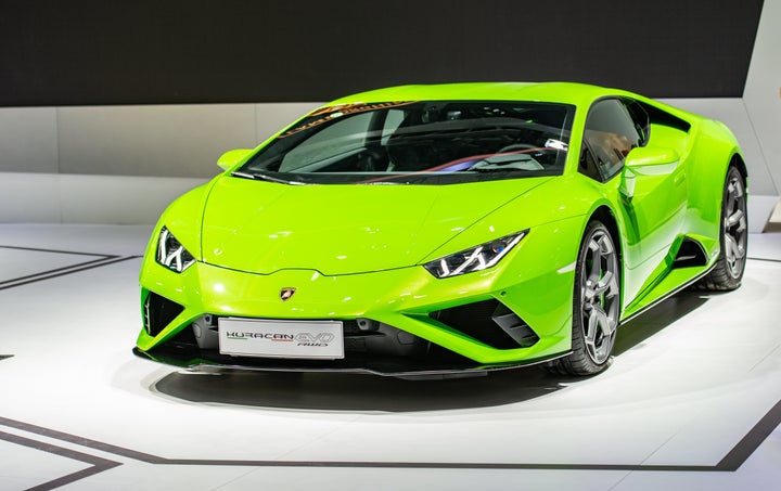 Authorities said Hines spent $318,000 of the PPP loan money on a 2020 Lamborghini Huracan. A Lamborghini Huracan Evo RWD sports car is seen at an automobile exhibition in China in 2020.