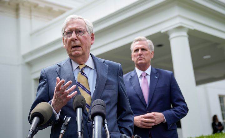 Senate Minority Leader Mitch McConnell (R-Ky.), left, and House Minority Leader Kevin McCarthy (R-Calif.) address reporters outside the White House after their Oval Office meeting with President Joe Biden on Wednesday.