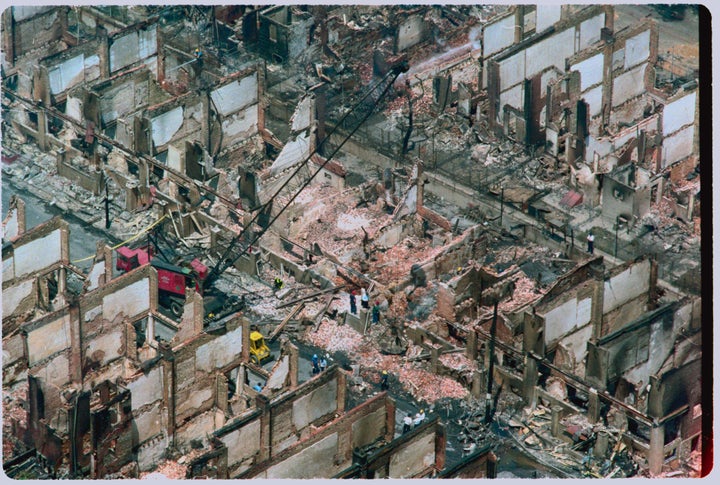 A view of Osage Avenue in Philadelphia after police dropped a bomb on the headquarters of Black liberation and environmental 