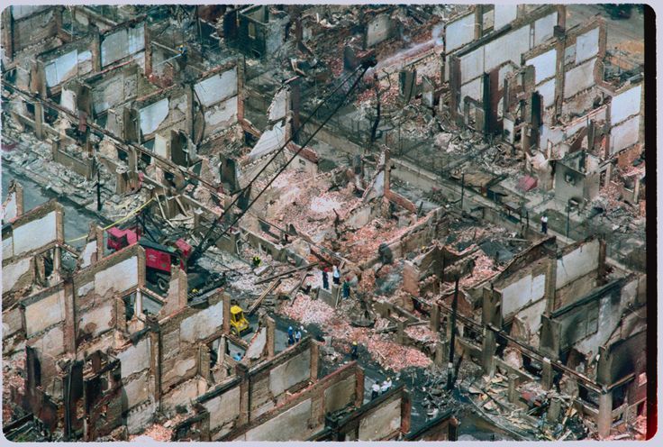 A view of Osage Avenue in Philadelphia after police dropped a bomb on the headquarters of Black liberation and environmental group MOVE in 1985.