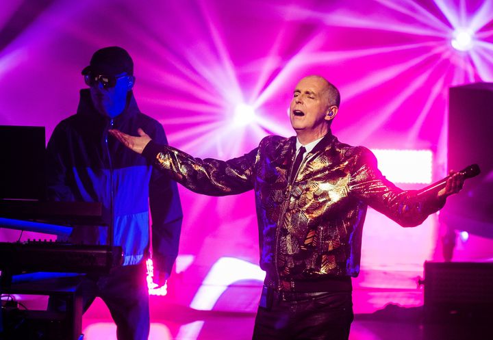 Neil Tennant (R) and Chris Lowe (L) of The Pet Shop Boys performing in 2018