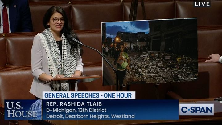 Rep. Rashida Tlaib (D-Mich.), Congress' only Palestinian American, speaks in support of Palestinians and against the Israeli bombing of Gaza on May 13, 2021.