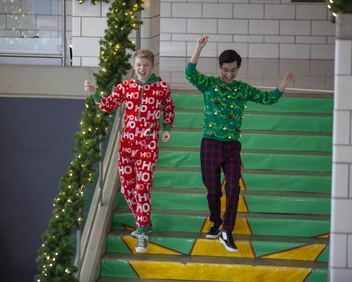 Actors Joe Serafini (left) and Frankie A. Rodriguez in Season 2 of the Disney+ series "High School Musical: The Musical: The 