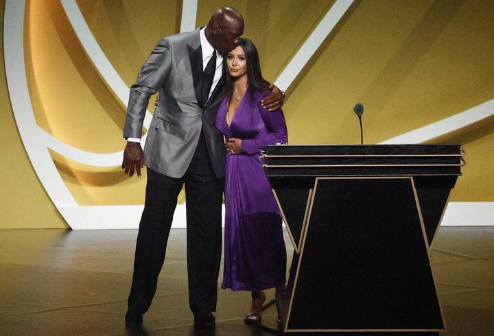 Vanessa Bryant is greeted by presenter Michael Jordan after speaking on behalf of Class of 2020 inductee, Kobe Bryant during 