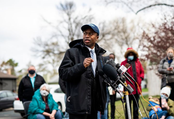 Brooklyn Center Mayor Mike Elliott speaks during a press conference at a memorial for Daunte Wright on April 20, 2021, in Bro