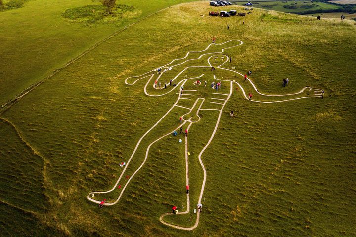 Volunteers work to repair and refresh the ancient Cerne Abbas Giant in Dorset, England.