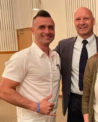 Samuel Lazar, left, poses with Pennsylvania state Sen. Doug Mastriano, right, on May 15.