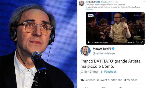 Da "piccolo uomo" a "grande Maestro": il dietrofront di Salvini su Battiato non sfugge agli utenti Da "piccolo uomo" a "grande Maestro": il dietrofront di Salvini su Battiato non sfugge agli utenti