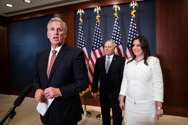 House Minority Leader Kevin McCarthy (R-Calif.) speaks with Rep. Elise Stefanik (R-N.Y.) moments after she was elected chair of the House Republican Conference on May 14. Stefanik replaced Rep. Liz Cheney (R-Wyo.), who was ousted from her leadership role after refusing to go along with former President Donald Trump's lies about the 2020 election.