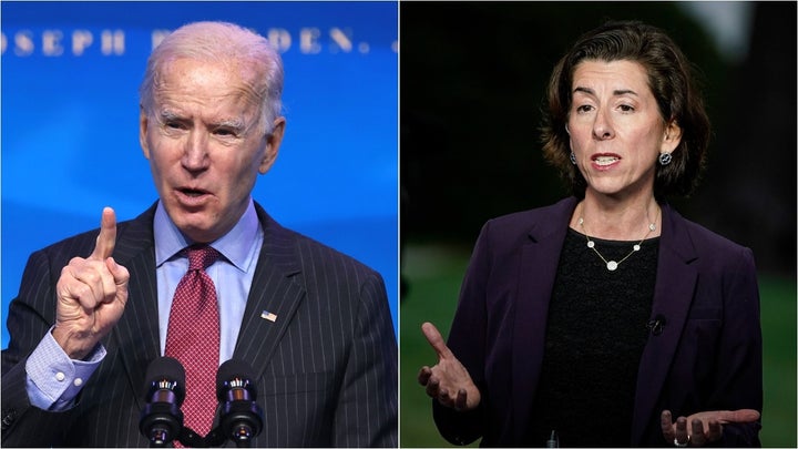 Progressives want President Joe Biden not to side with Commerce Secretary Gina Raimondo, right, who opposes waiving intellectual property protections on COVID-19 vaccines.