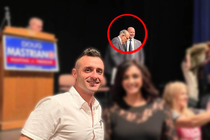 Lazar poses for a photo at the May 15 event for Pennsylvania state Sen. Doug Mastriano (R), who backed Trump's efforts to overturn the 2020 election. Mastriano and headline speaker Rudy Giuliani can be seen in the background.