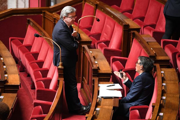 Le leader de la France insoumise Jean-Luc Mélenchon et le 1er secrétaire du PS Olivier Faure photographiés à l'Assemblée en avril 2020