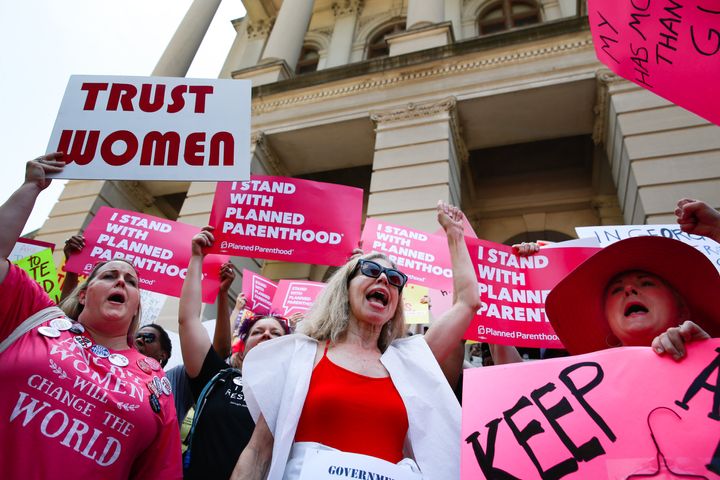 People in Atlanta protest against Georgia's six-week abortion ban in 2019.