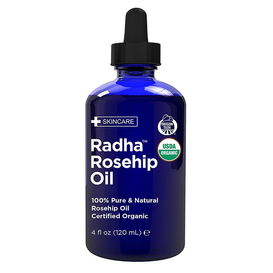 A bottle of Radha rosehip oil
