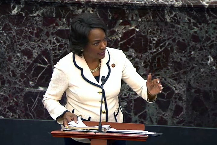 Rep. Val Demings (D-Fla.) speaks during impeachment proceedings against then-President Donald Trump on Jan. 30, 2020. As a fl