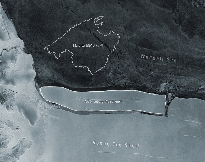 The iceberg A-76 is seen after breaking from the Ronne Ice Shelf. In this image, it is compared to the Spanish island of Majorca, which is slightly smaller.