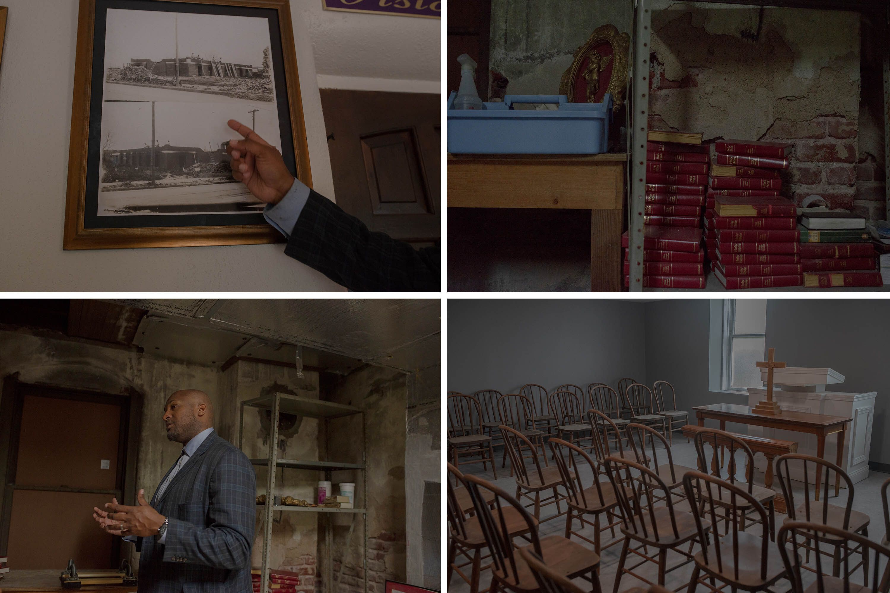 Top left: Turner points to photos of the destroyed buildings of Greenwood and their rebuilding. These framed images sit inside the rebuilt Vernon AME Church. Top right: Brick from before the church was burned is exposed in the basement. It is said that people took shelter in this basement while the city was burning around them and the brick protected them. Bottom left: Turner in the basement of the church. Bottom right: Chairs sit in the basement where services were held while the church was being rebuilt.