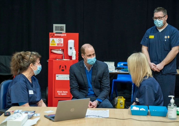 Prince William visits King's Lynn Corn Exchange Vaccination Centre on Feb. 22 in King's Lynn, England. The duke spoke to NHS 