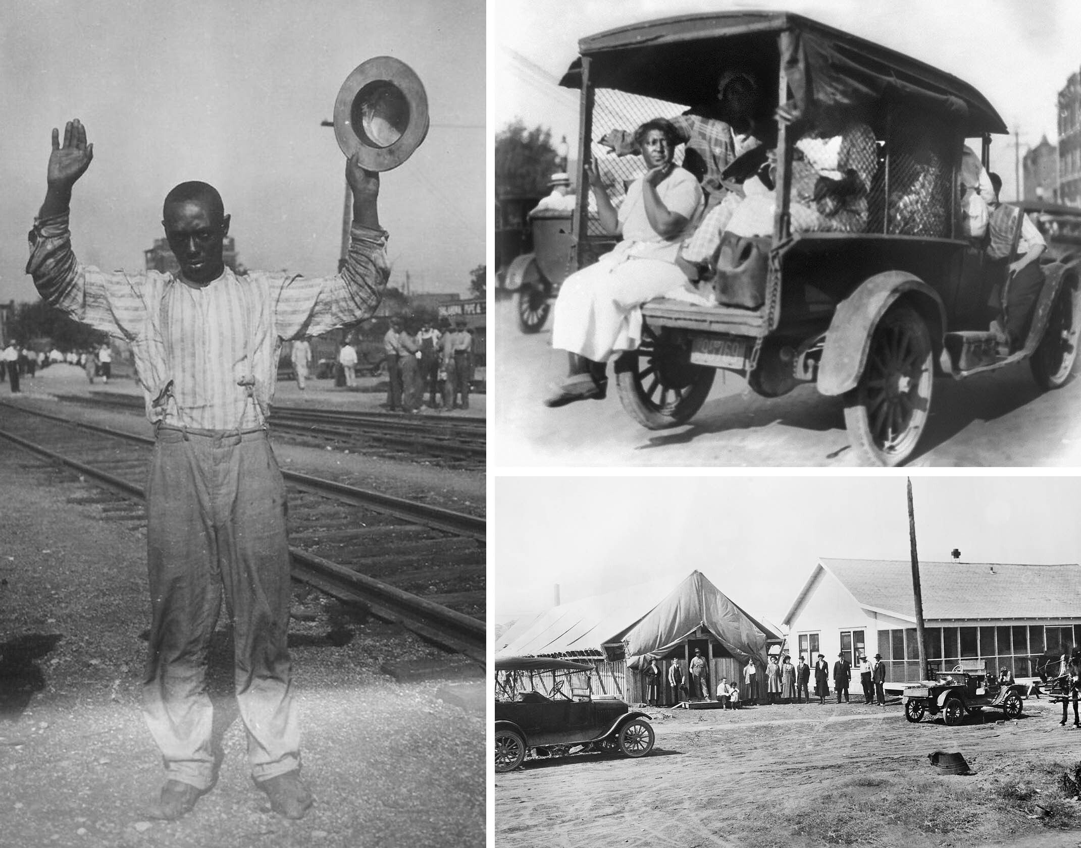 Left: A man with his hands up surrenders during the Tulsa race massacre. Top right: A truck carries African Americans during the massacre. Bottom right: The American Red Cross headquarters and hospital in Tulsa in November 1921. Credit: Getty Images.