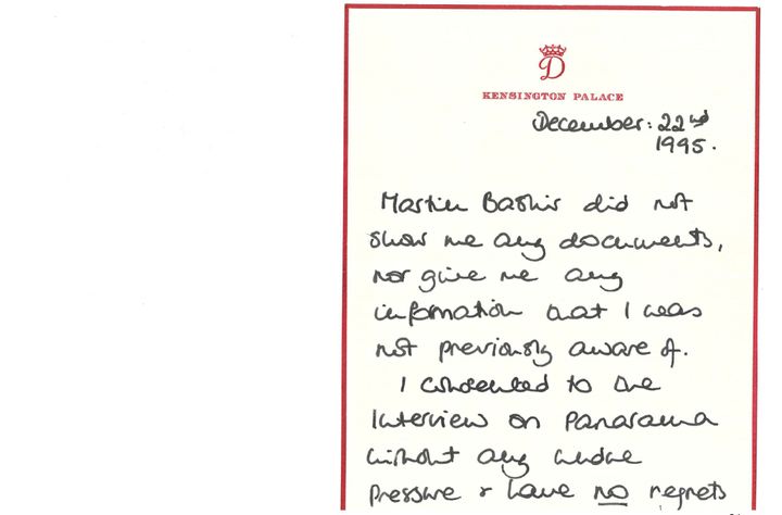 Diana's signed 1995 note: "Martin Bashir did not show me any documents, nor give me any information that I was not previously