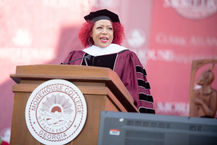 Nikole Hannah-Jones speaking at the commencement ceremony for Morehouse College on May 16, 2021, in Atlanta.