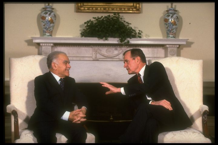 President George H.W. Bush, right, meets with Israeli Prime Minister Yitzhak Shamir in an undated photo. Bush's pressure contributed to Shamir's political defeat in 1992.