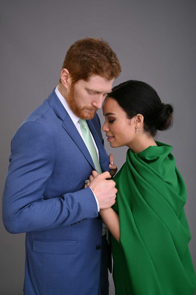 Jordan Dean as Prince Harry and Sydney Morton as Meghan Markle