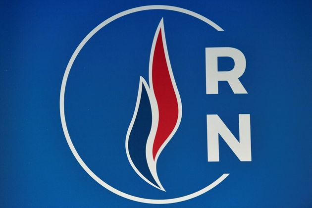 Le logo du Rassemblement national, lors des voeux à la presse de Marine Le Pen, le 16 janvier 2020