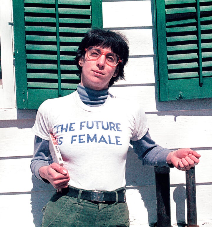 Alix Dobkin poses in a t-shirt that reads "The Future is Female" in Preston Hollow, N.Y. in 1975. Dobkin, the lesbian singer