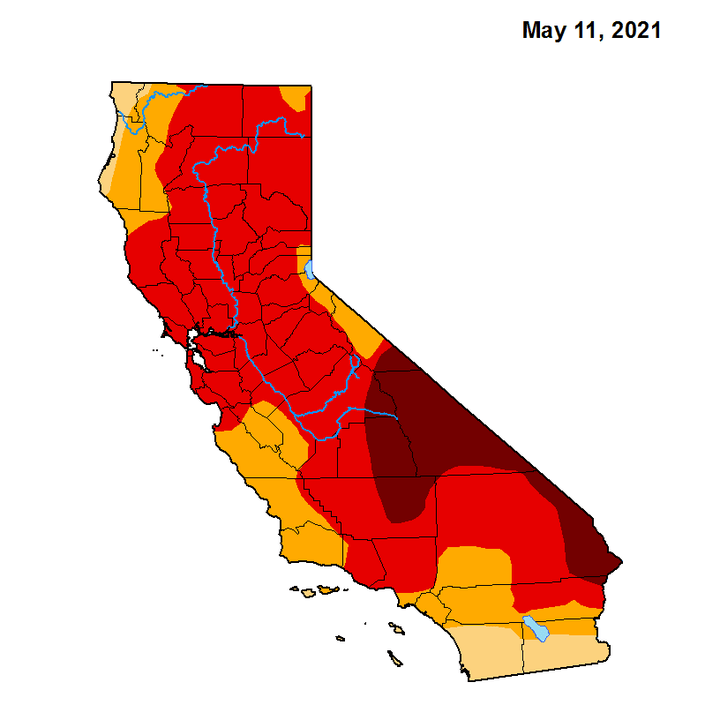 "Exceptional drought" -- the darkest portion of the map -- took over parts of eight more California counties in the past week