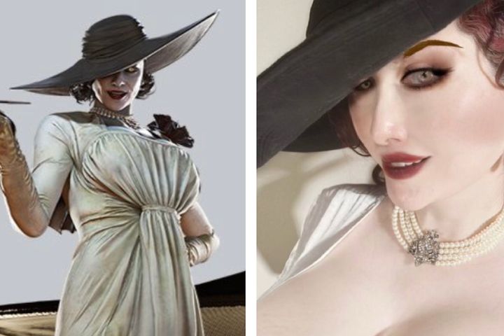 人気ゲーム『バイオハザードヴィレッジ』に登場するキャラクター・オルチーナ・ドミトレスク（左）とそのコスプレをする美香さん（右）。比較してみると、特徴を見事に捉えている