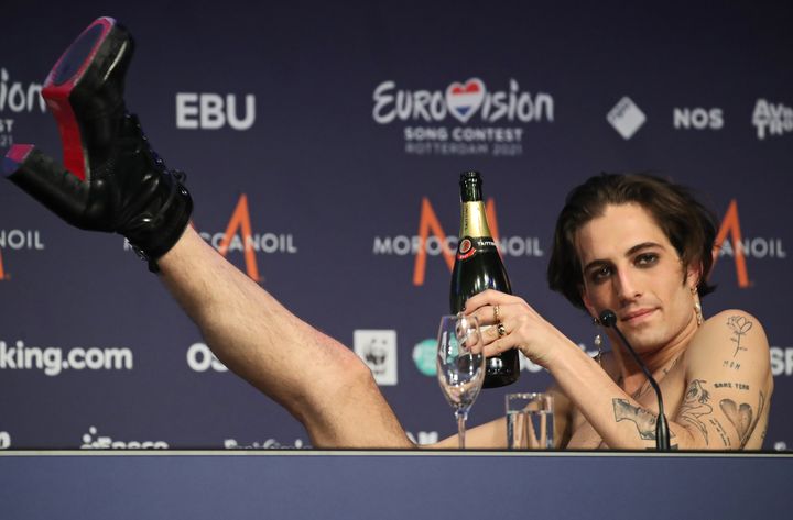 Damiano David of the Maneskin rock band representing Italy, the winner of the 2021 Eurovision Song Contest Final, during a news conference at the Rotterdam Ahoy Arena. Vyacheslav Prokofyev/TASS (Photo by Vyacheslav Prokofyev\TASS via Getty Images)