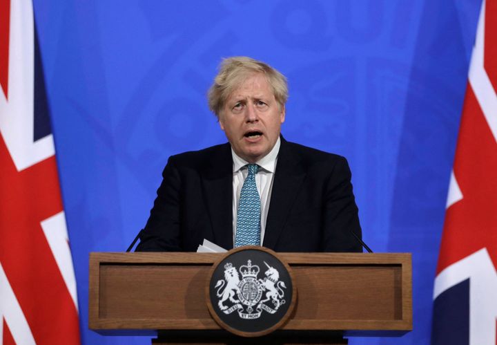 Britain's Prime Minister Boris Johnson gives an update on the coronavirus Covid-19 pandemic during a virtual press conference at Downing Street