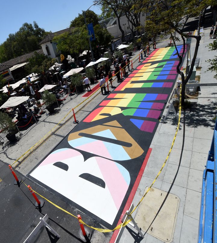 The phrase "Born This Way" was painted along Robertson Boulevard in West Hollywood, California, ahead of Pride Month.