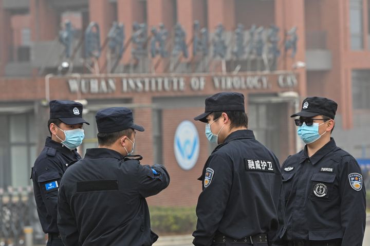 Security personnel outside the Wuhan Institute of Virology in Wuhan, China, on Feb. 3, 2021.