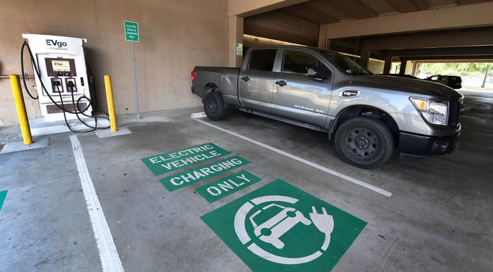 A space remains open for an electric vehicle at a EV charging station in Monterey Park, California.