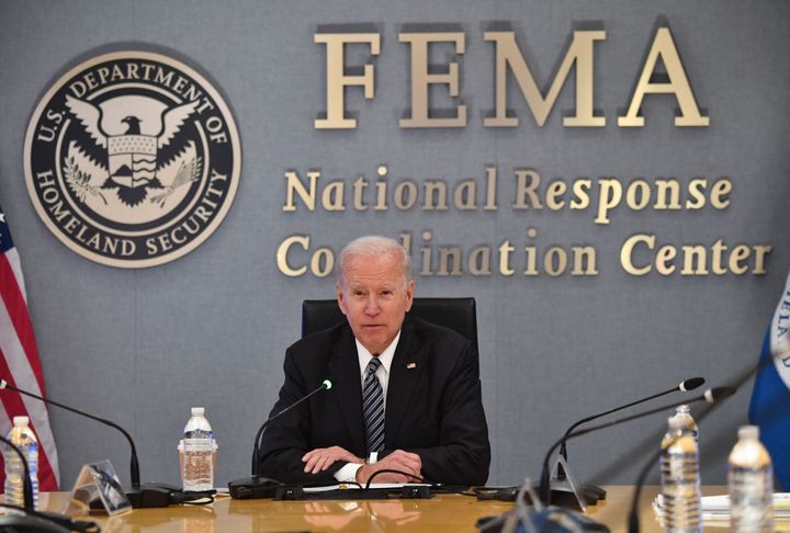 President Joe Biden participates in a briefing on the upcoming Atlantic hurricane season at Federal Emergency Management Agency headquarters on Monday.
