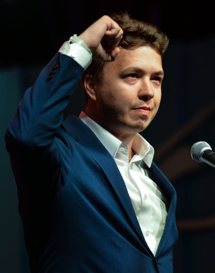 Roman Protasevich addresses the crowd next to a famous Gdansk's Shipyard Gate number 2 on August 31, 2020 during 'Free Poland